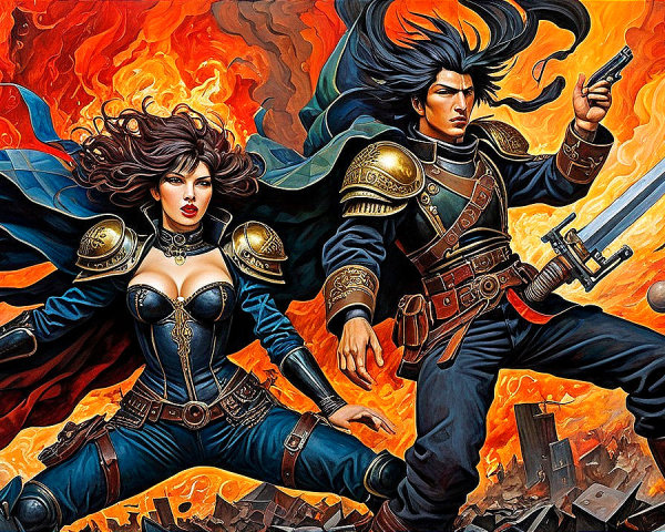 Dynamic Duo in Battle Against Fiery Backdrop