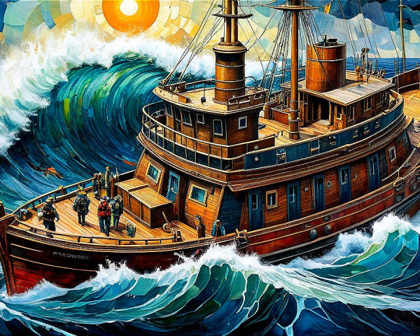 Old cargo ship in rough ocean with bright sunlight