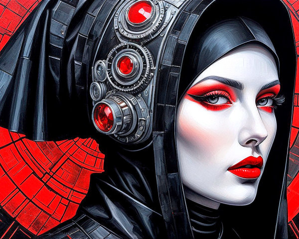 Futuristic Female Figure with Bold Makeup and Headdress
