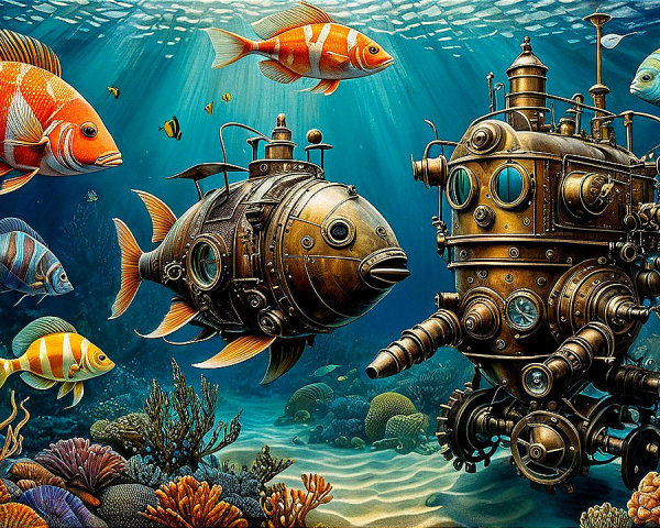 Steampunk Submersible and Diving Suit in Underwater Scene
