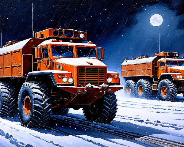 Orange Trucks in Snowy Landscape Under Full Moon