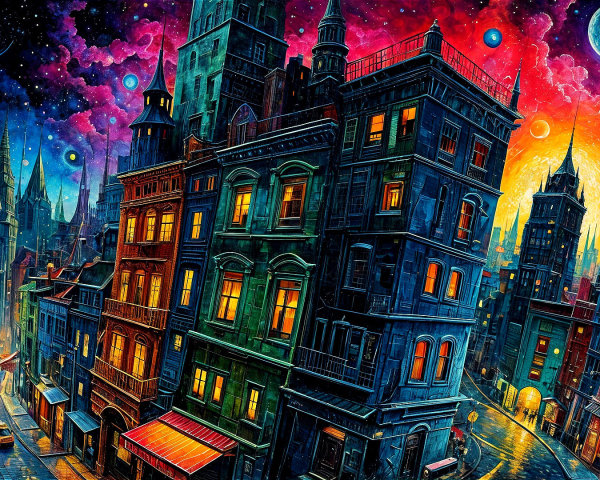 Surreal Nighttime Cityscape with Colorful Buildings