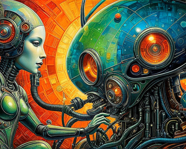 Futuristic Scene of Humanoid and Robotic Interaction