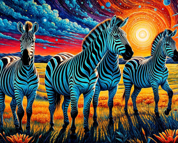Vibrant Zebras in a Surreal Sunset Landscape