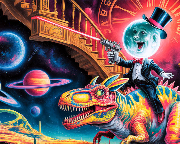 Whimsical character on dinosaur in cosmic landscape