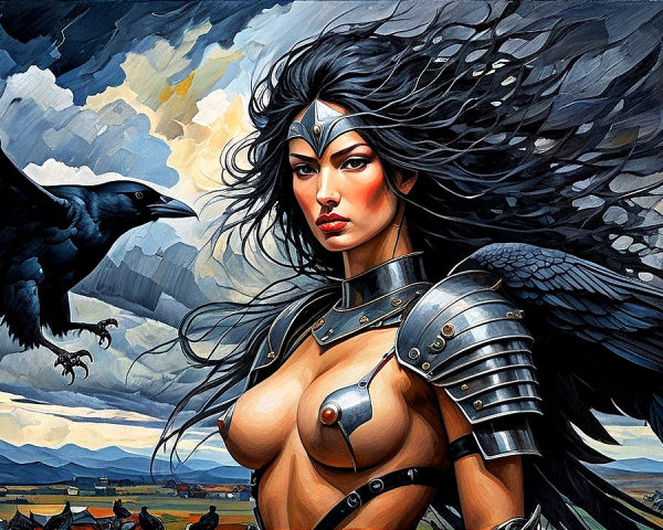 Fierce Warrior Woman in Intricate Armor with Raven