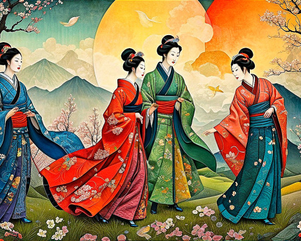 Elegant Women in Kimonos Amid Cherry Blossoms