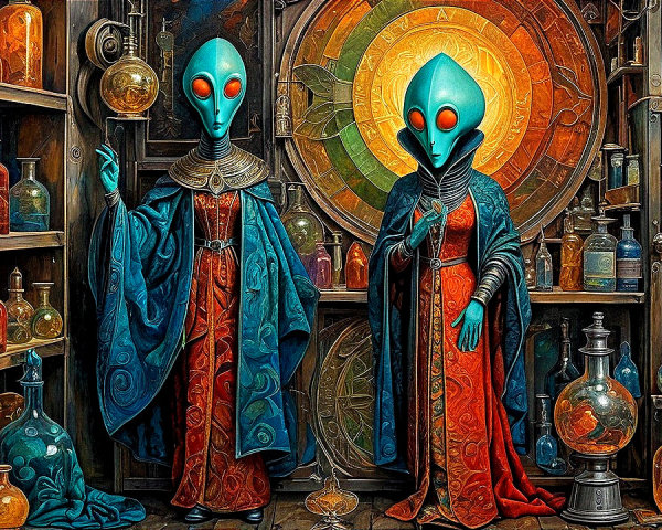 Aliens in a Potion-Filled Mystical Room Setting