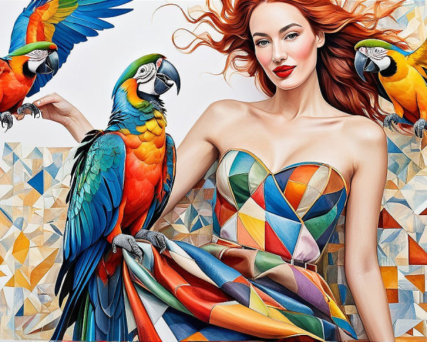 Portrait of a Woman with Red Hair and Colorful Macaws