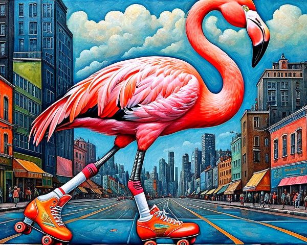 Surreal Street Scene with Pink Flamingo on Roller Skates