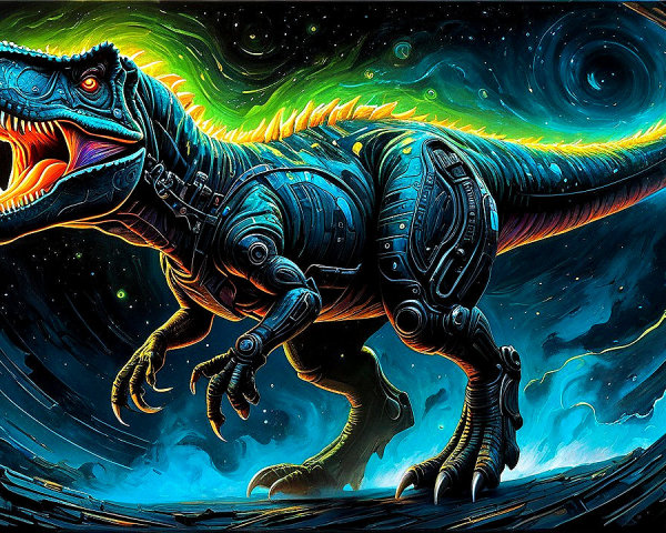 Futuristic Robotic T-Rex in Cosmic Setting