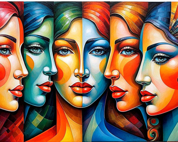 Vibrant Artwork of Six Stylized Female Faces
