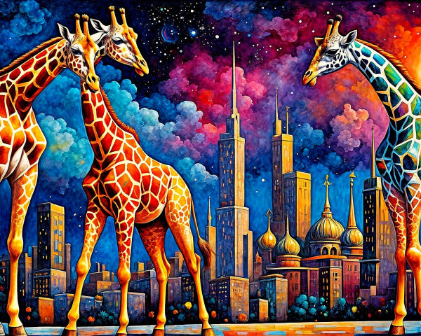 Giraffes in a vibrant psychedelic cityscape at night