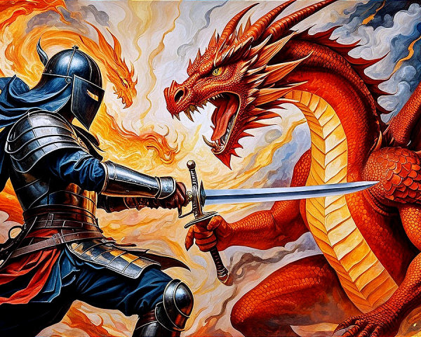Knight Battles Red Dragon in Epic Confrontation