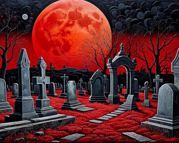 Graveyard Scene Under a Crimson Moon and Dark Trees