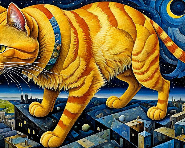 Stylized Ginger Cat with Black Stripes on Rooftops