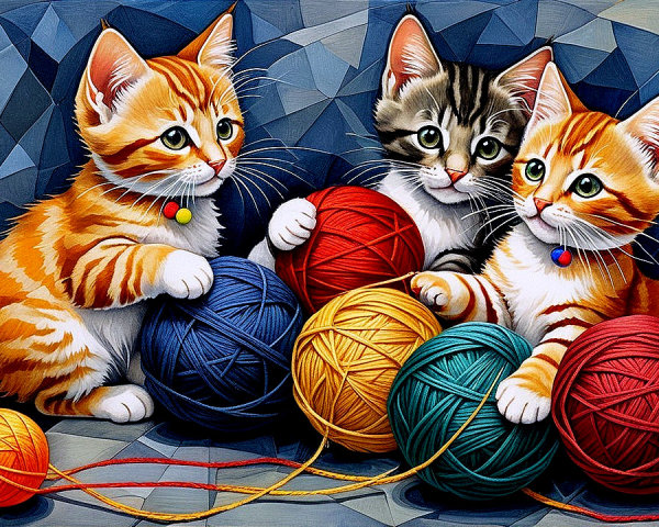 Playful Kittens with Colorful Yarn Balls and Collars