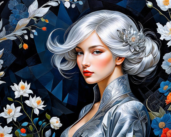 Elegant Woman with Silver Hair and Floral Surroundings