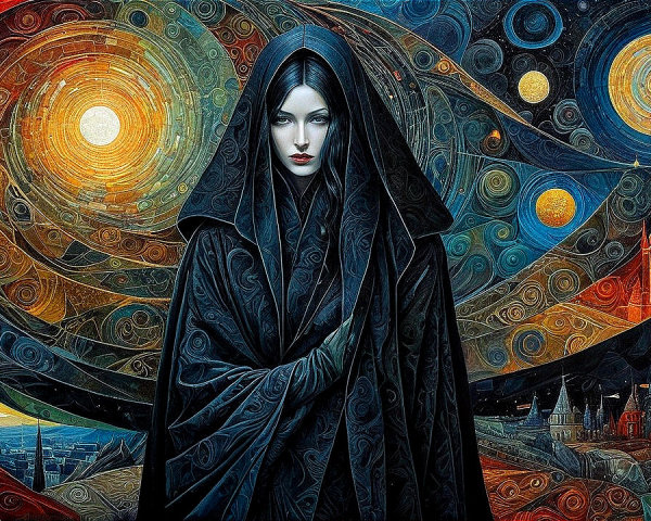 Mysterious Figure in Cosmic Landscape with Castles