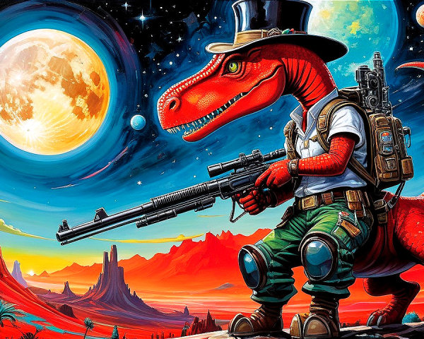 Surreal Cartoon T-Rex in Cosmic Desert Landscape