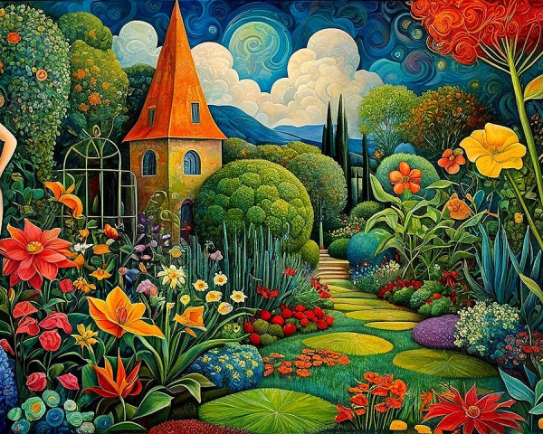Surreal Landscape with Woman in Bikini and Whimsical House