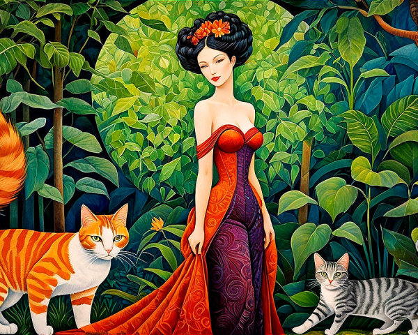 Elegant Woman in Flowing Dress with Cats in Greenery