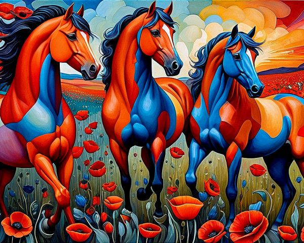 Horses in Abstract Style Amidst Poppy Field at Sunset