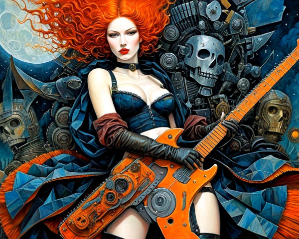 Fierce Woman with Electric Guitar in Steampunk Setting