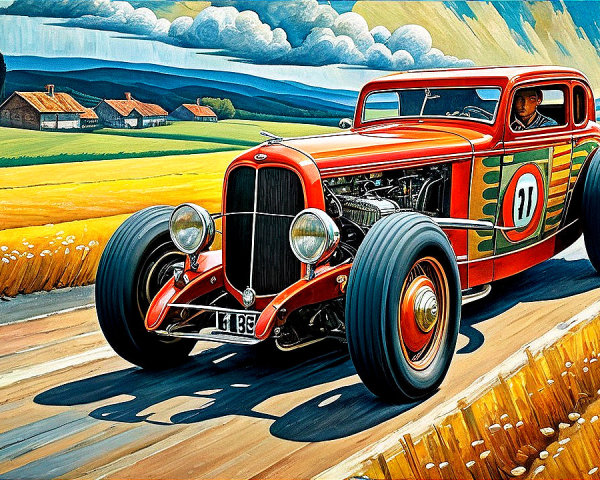 Retro Illustration of Classic Race Car on Dirt Road