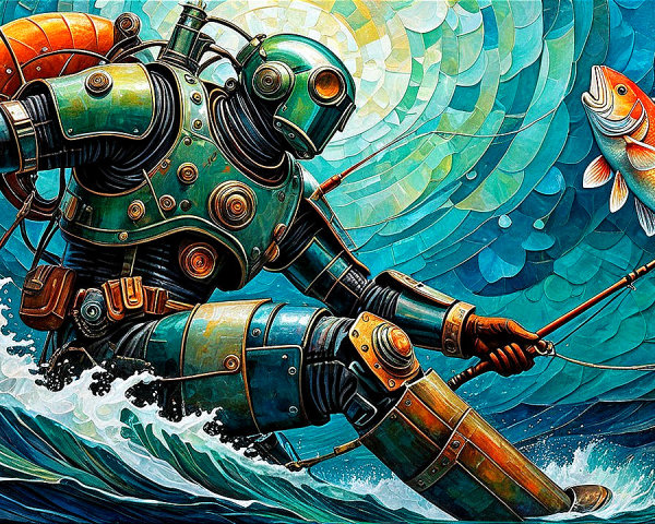 Art Deco Digital Painting of Diving Robot Fishing