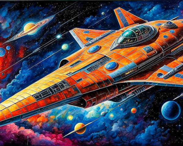 Futuristic spaceship in a colorful cosmic landscape