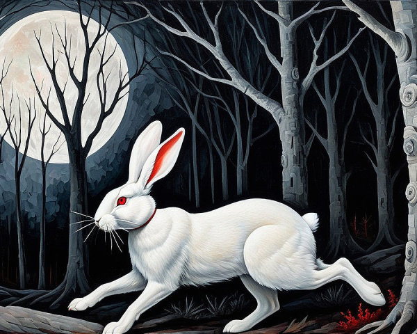 Large white hare in eerie forest under full moon