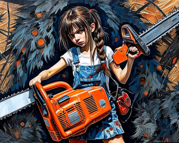 Young girl with chainsaws in abstract foliage setting