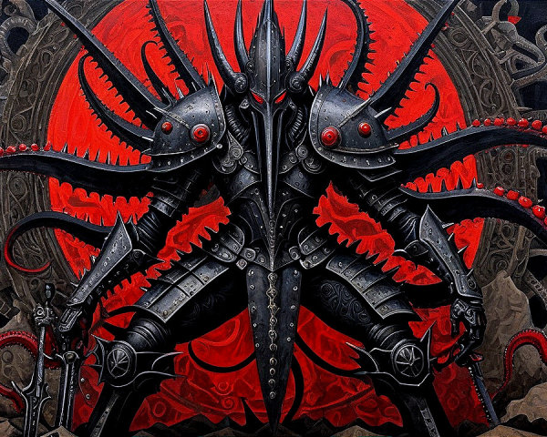 Menacing figure in black armor against red backdrop