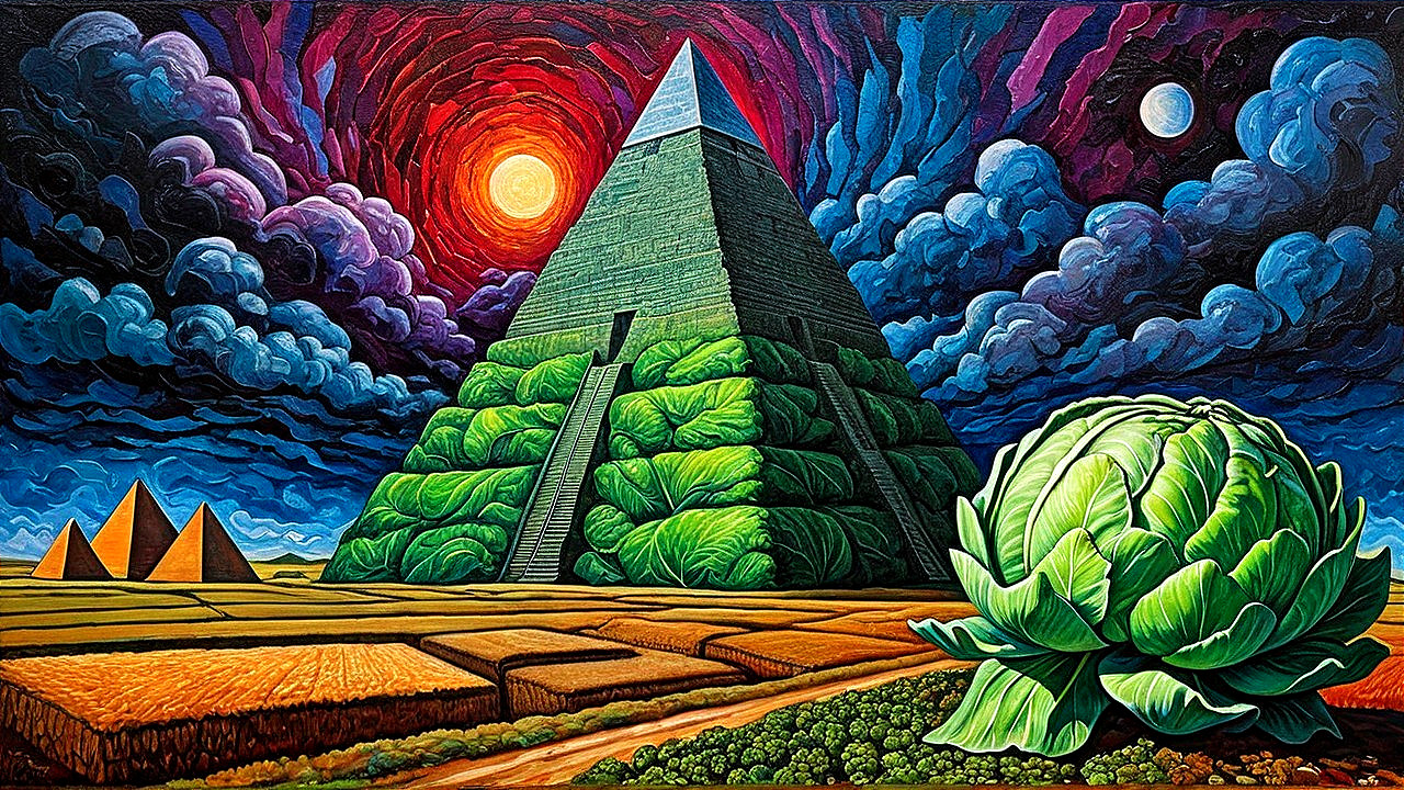Vibrant Landscape with Pyramid and Cabbage Fusion