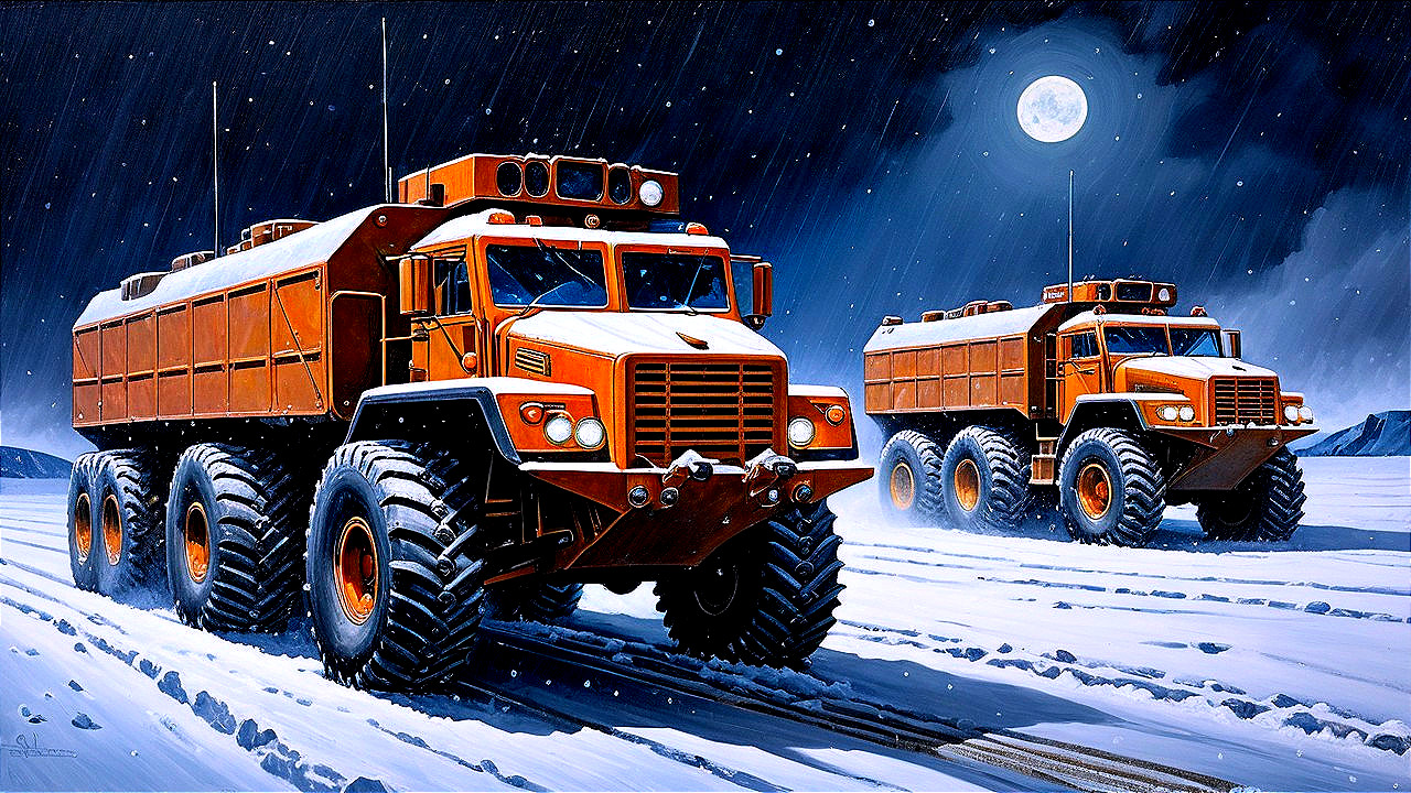 Orange Trucks in Snowy Landscape Under Full Moon