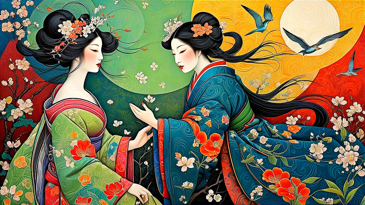 Elegantly Dressed Women in Traditional Kimonos Amid Nature