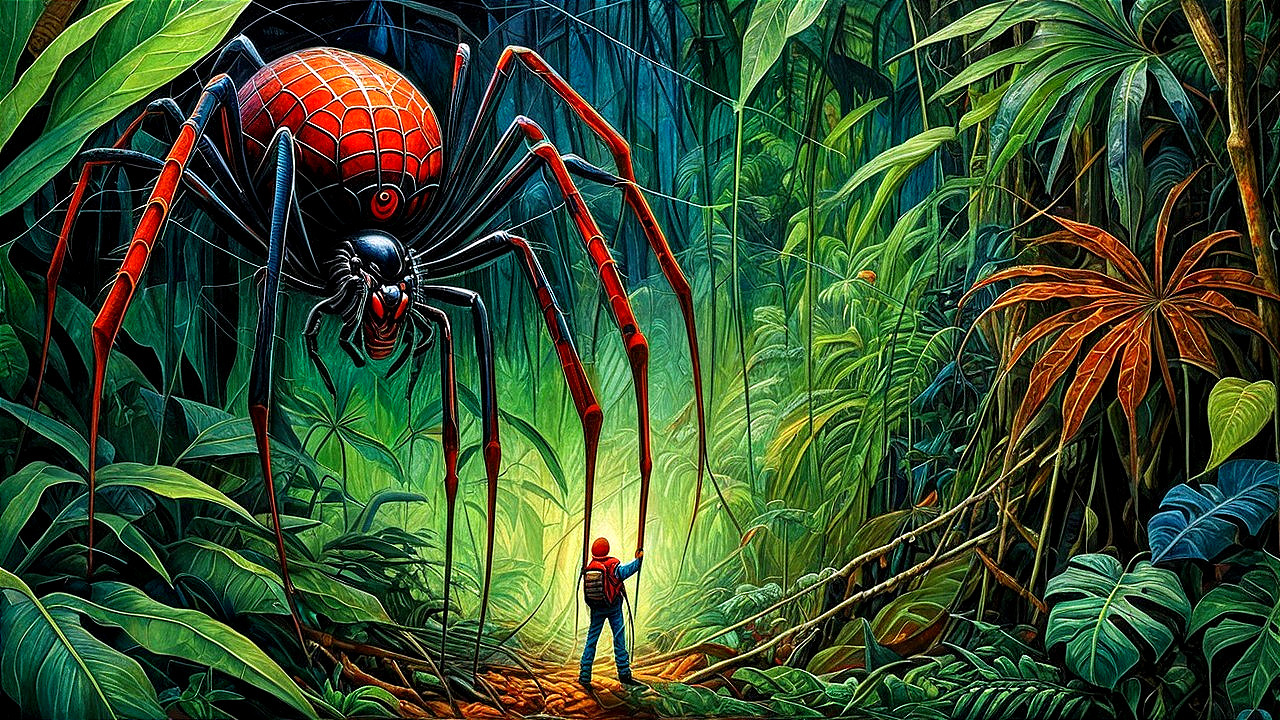 Vivid Jungle Encounter with Colorful Spider and Foliage