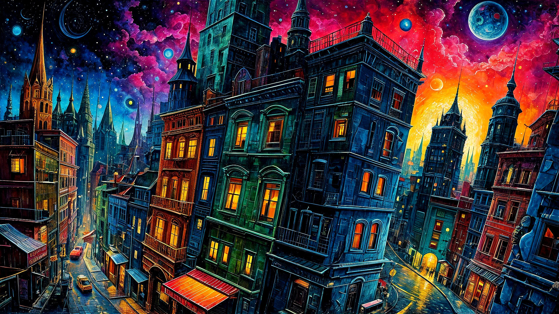 Surreal Nighttime Cityscape with Colorful Buildings