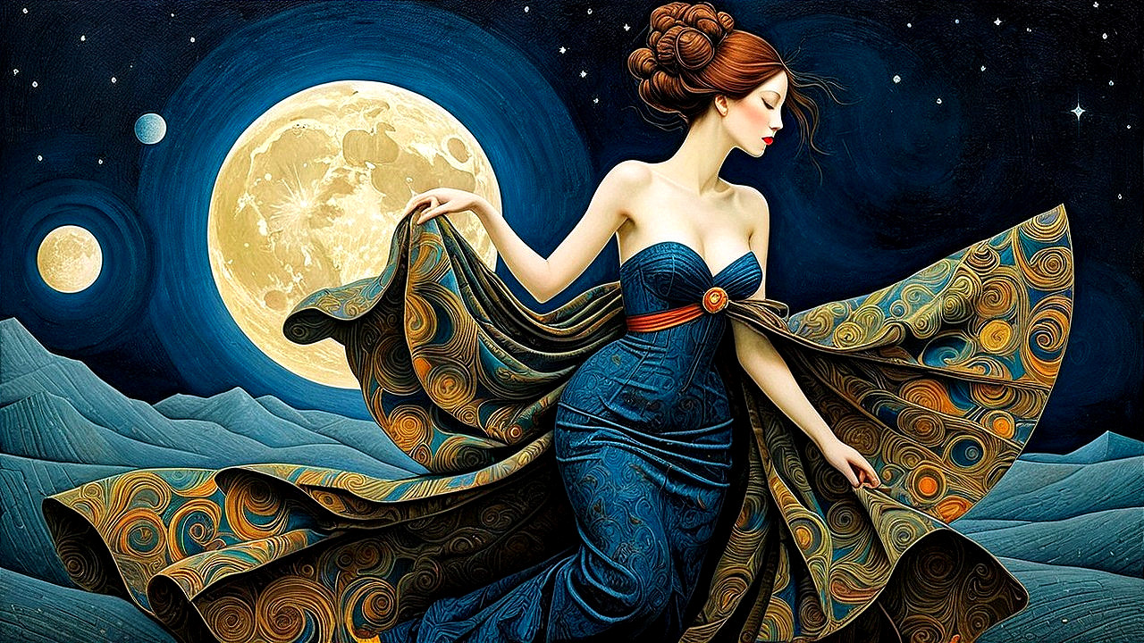 Elegant Woman Under Full Moon with Starry Sky