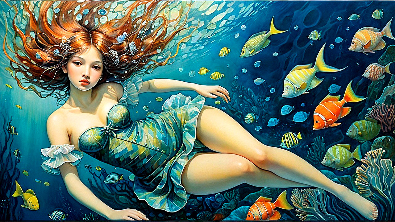 Underwater Scene with Young Woman and Colorful Fish
