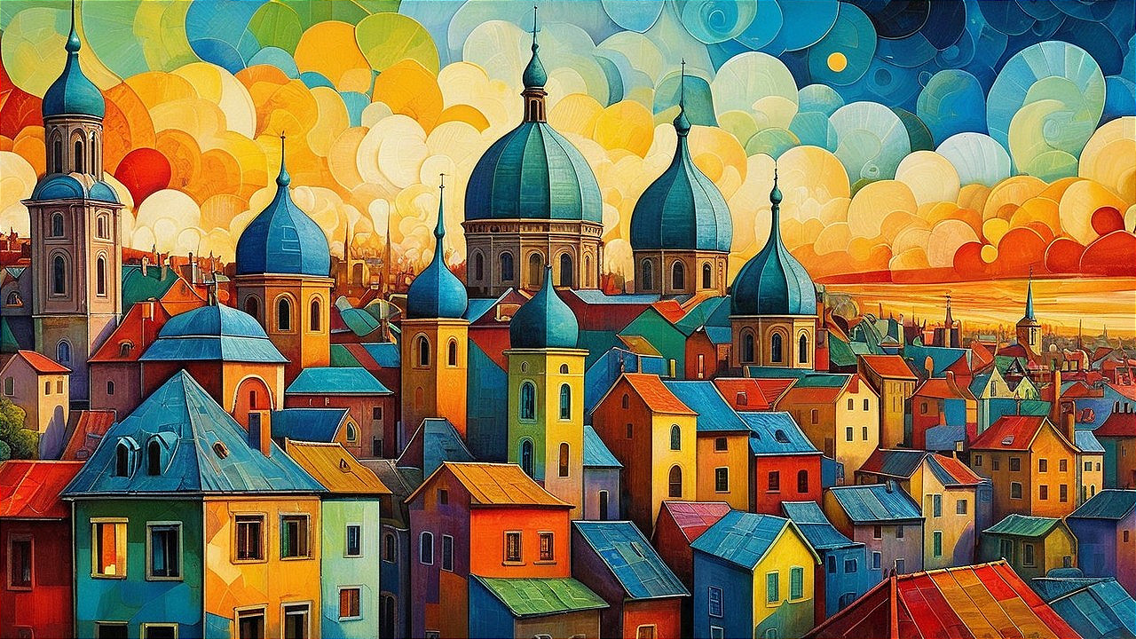 Vibrant cityscape with colorful buildings at sunset