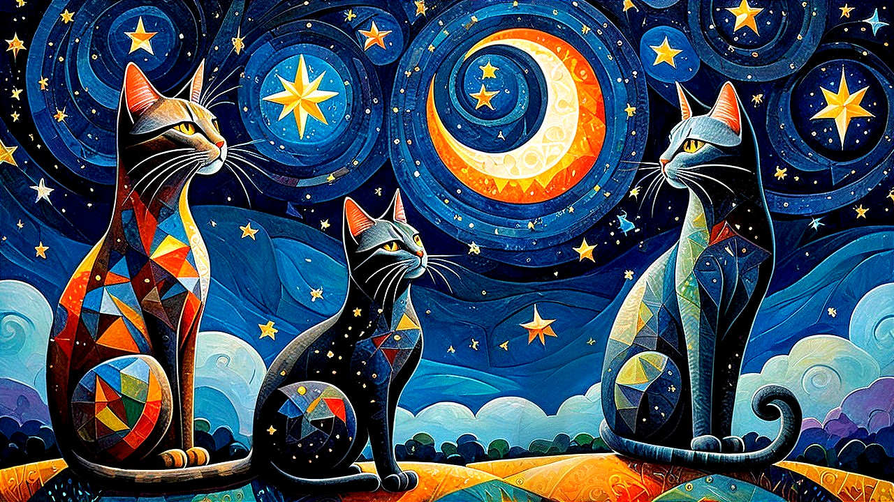 Stylized Cats Under a Starry Night Sky Scene