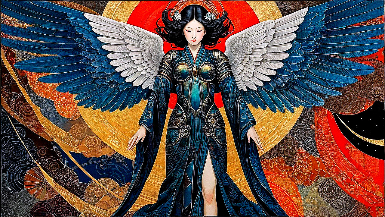 Majestic figure with intricate wings and dark robe