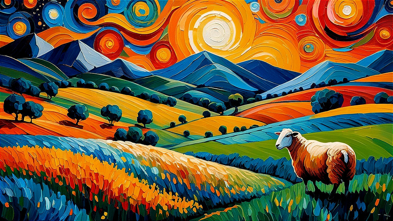 Vibrant Landscape with Flowers and Grazing Sheep