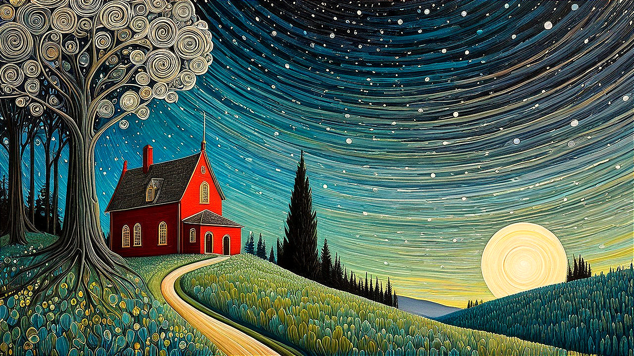 Vibrant Landscape with Quaint House and Swirling Sky