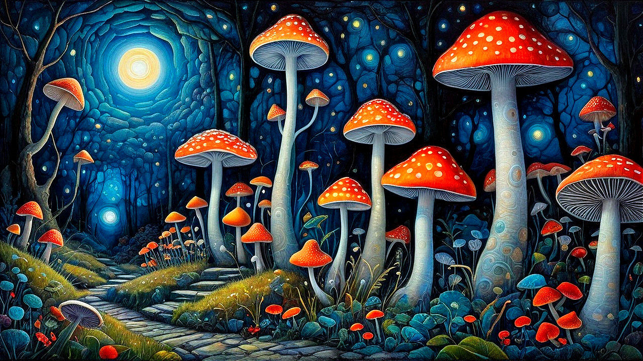 Mystical forest with oversized red-capped mushrooms