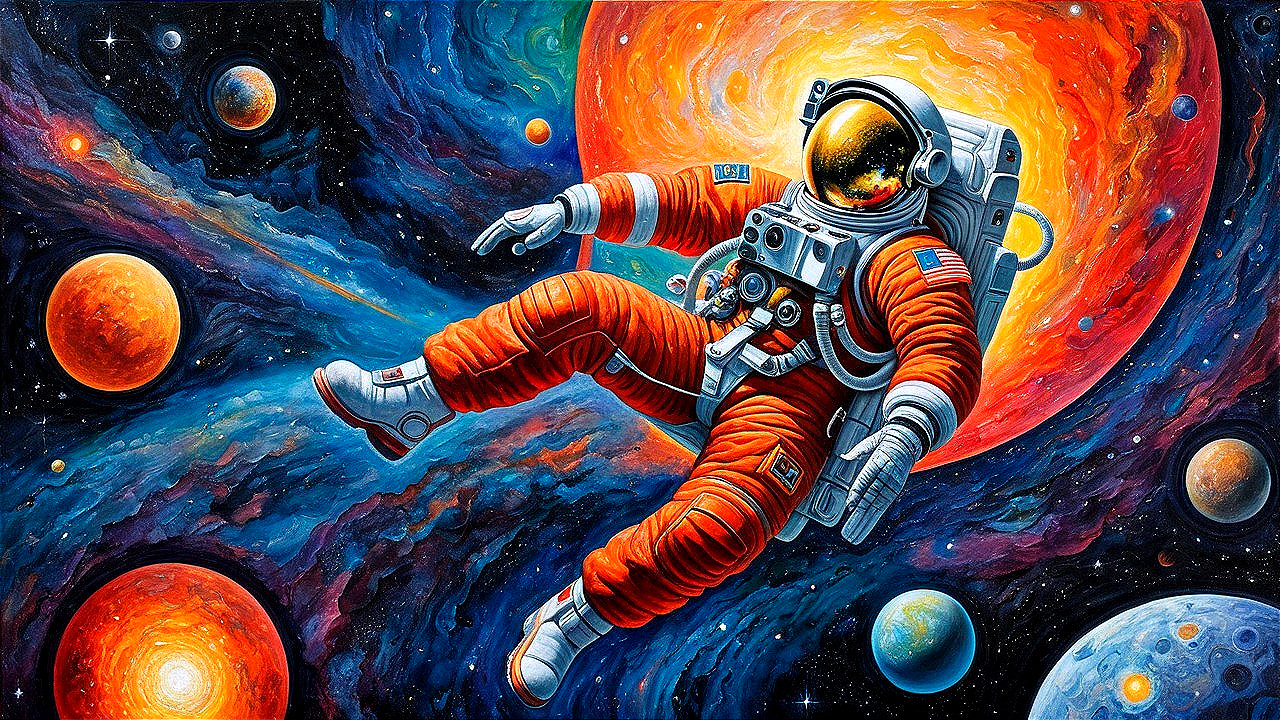 Astronaut in Orange Suit Amidst Vibrant Cosmic Scene