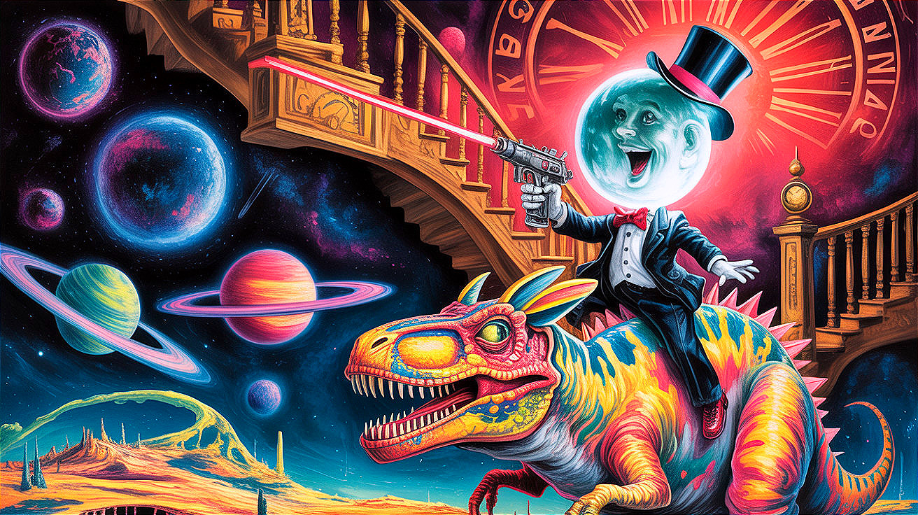 Whimsical character on dinosaur in cosmic landscape