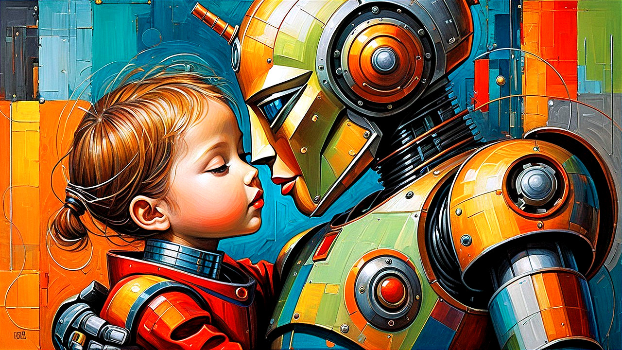 Colorful Artwork of Robot and Child Encounter